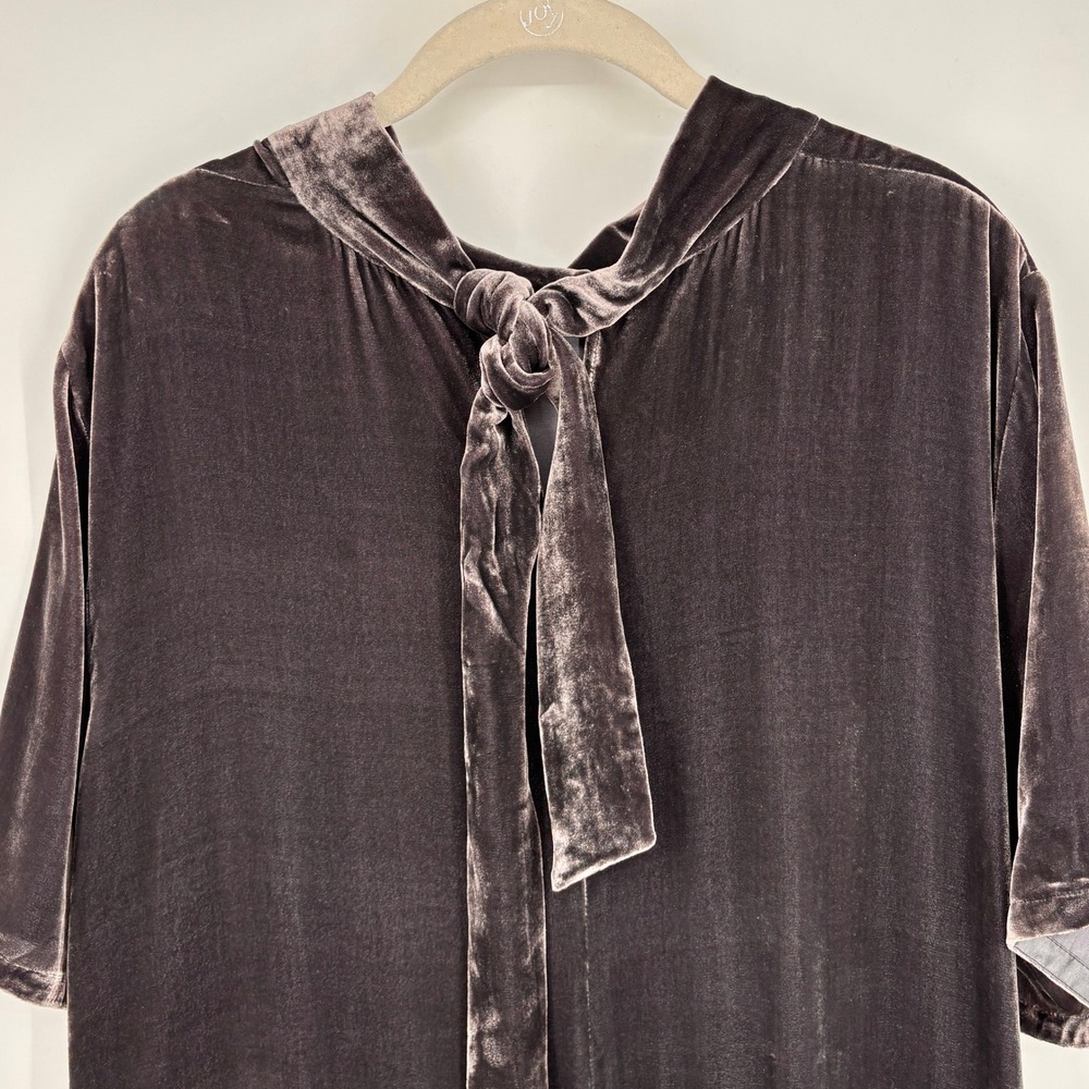 Eileen Fisher Velvet Shift Mini Dress Silk Gray Short Sleeve Mock Neck Size L - Picture 8 of 13